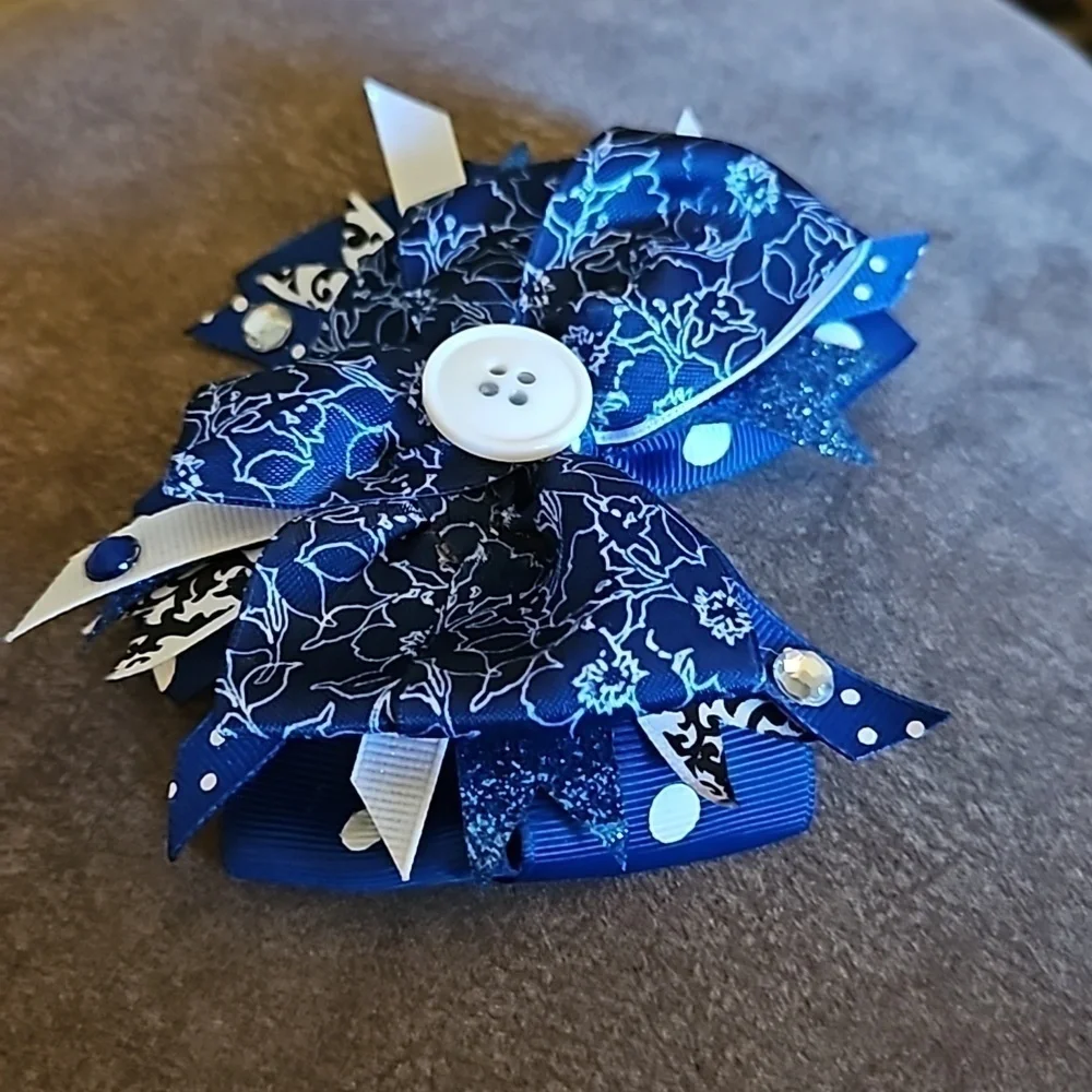 HANDMADE Blue Button Ribbon Coquette Hair Bow Clip